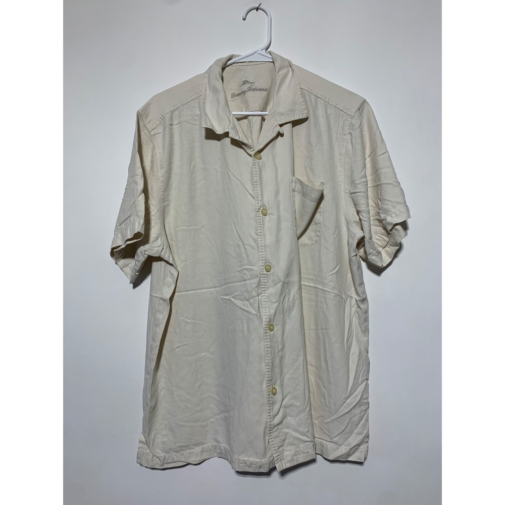 Tommy Bahama Men Size L White Silk Short Sleeve Button Front Shirt
